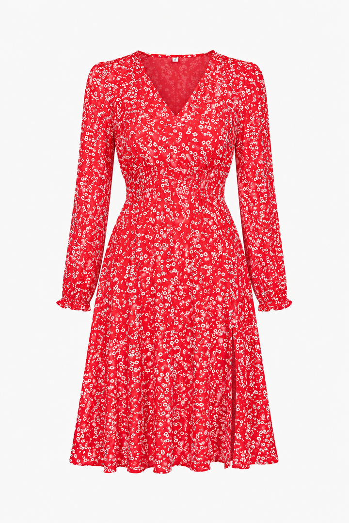 Elegantes rotes Maxikleid für Damen. Sommerliches Blumenmuster, A-Linien-Schnitt mit Kragen & 3/4 Ärmeln.