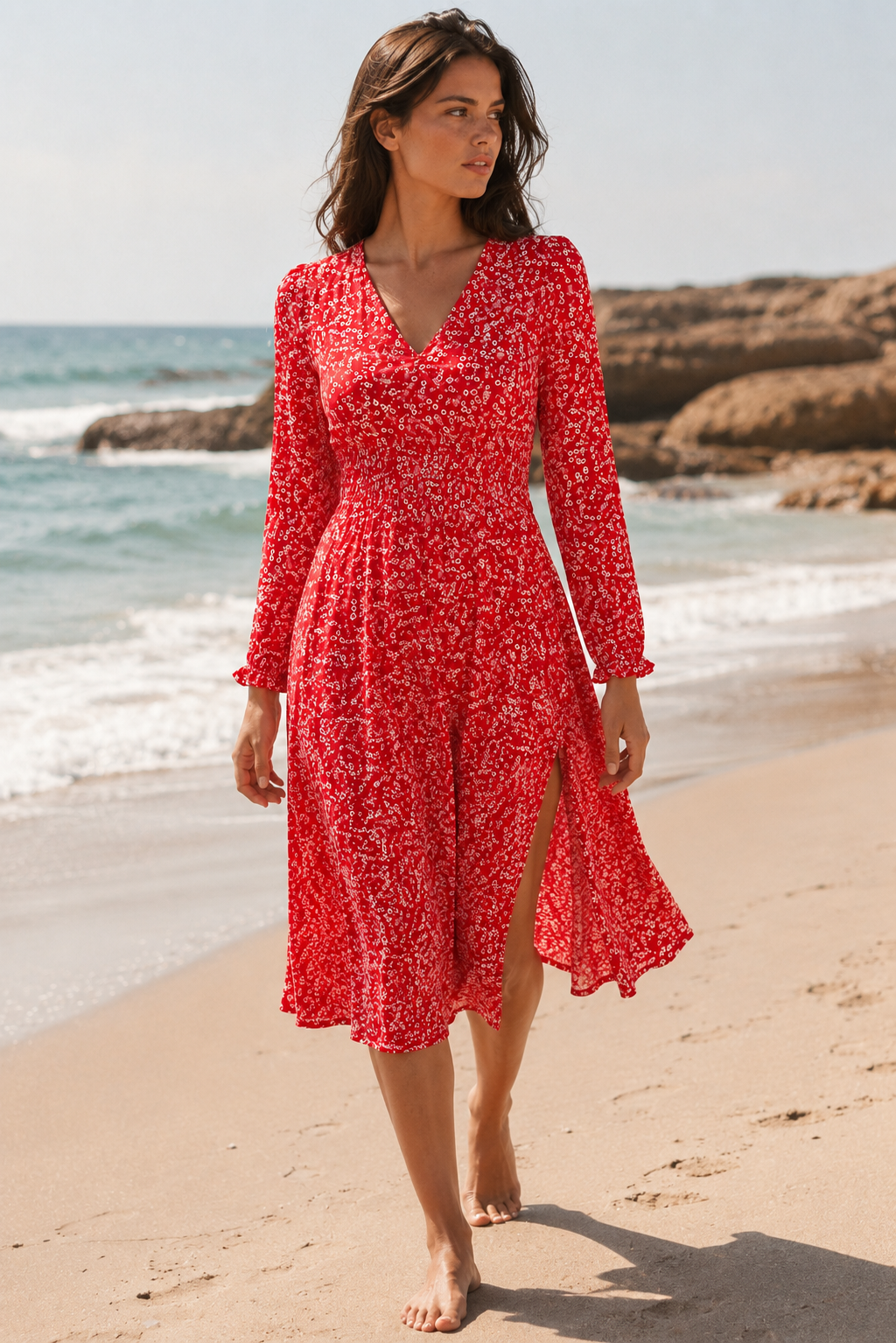 Sommerliches Damen Blumenkleid in Rot, als Maxikleid mit 3/4 Ärmeln und Kragen. A-Linie, ideal als Freizeitkleid.