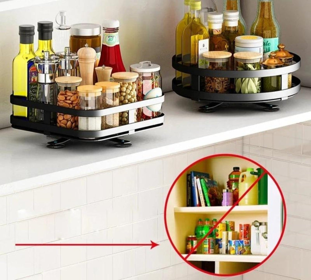 Schwarzes Edelstahl 360° Organizer-Regal für Gewürze in der Küche. Platzsparend & praktisch.