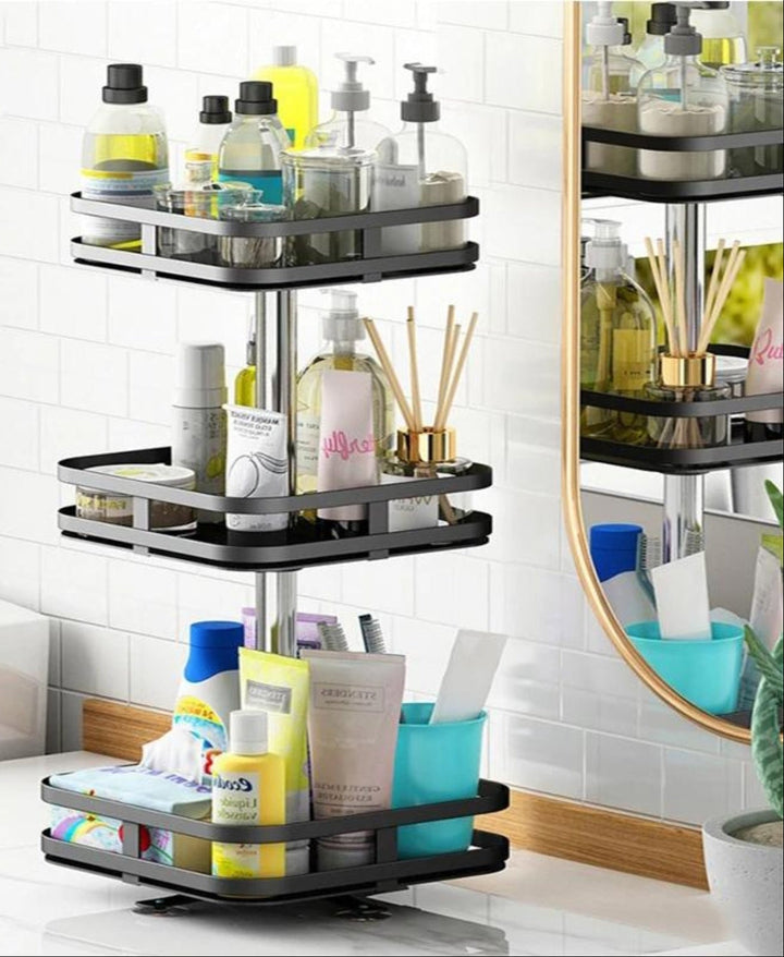 Drehbares Bad-Organizer-Regal, schwarz, ideal für Shampoos, Cremes & Make-up. Hält das Bad ordentlich.