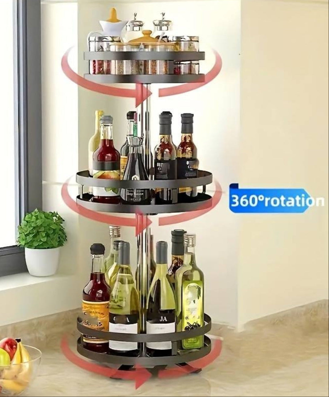 Vielseitiges 360° drehbares Regal, schwarz, für Küche, Bad oder Speisekammer. Alles griffbereit.