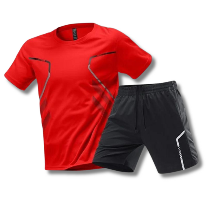 Bequemes Herren Sport Set aus atmungsaktiver, schnelltrocknender Fitness Bekleidung. Perfekt für aktiven Sport.