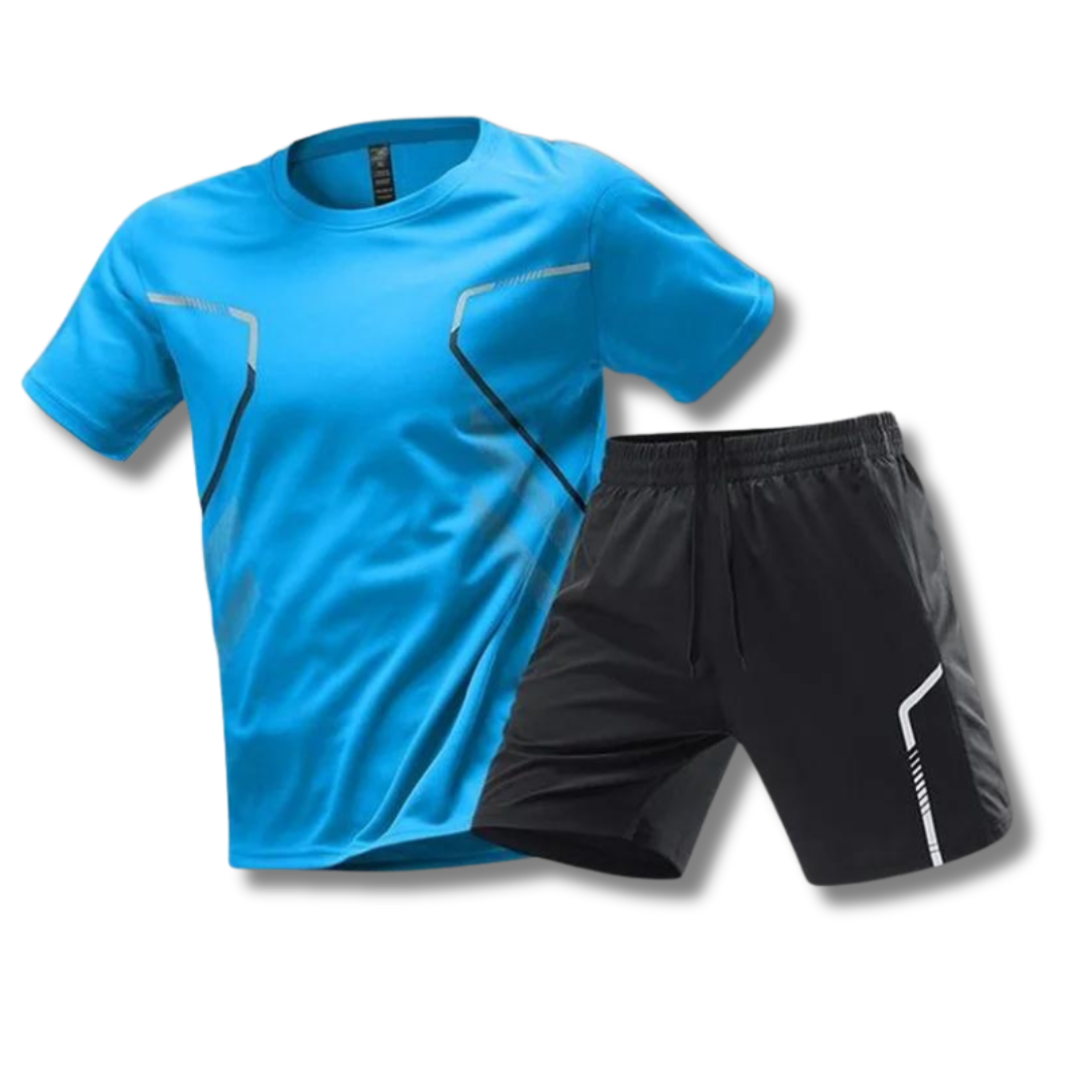 Stylisches Herren Sport Outfit: Kurzarmoberteil & Sporthosen für dein Fitnessstudio oder Outdoor-Training.