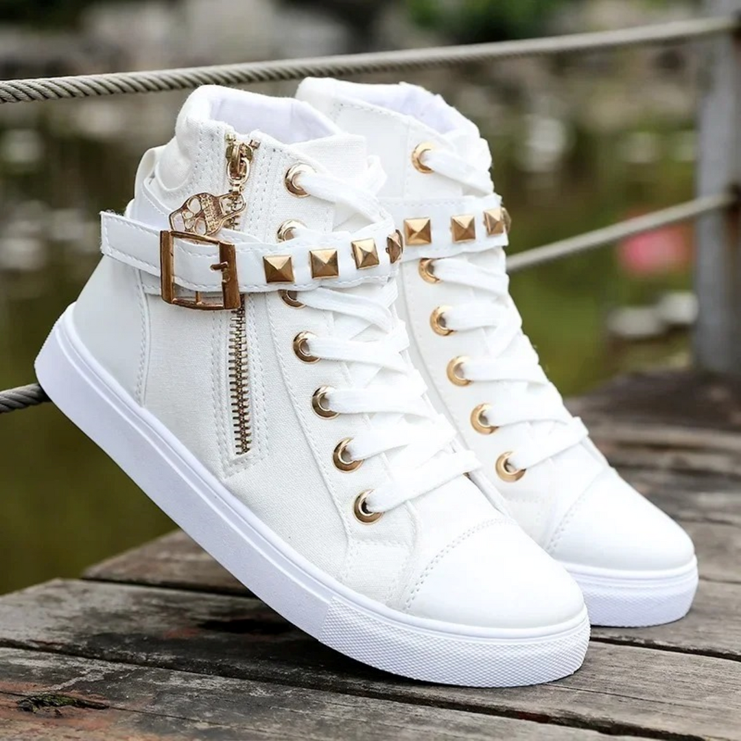Weiße hohe Leder-Sneaker für Damen, Modell Ava, mit praktischem Reißverschluss für modernen Komfort.