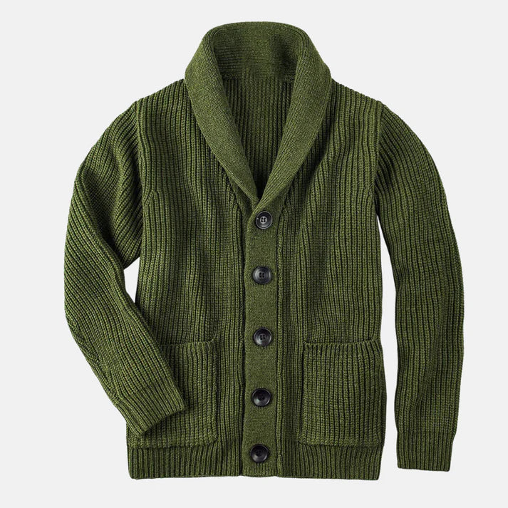Eleganter Herren Cardigan mit Schalkragen, perfekt für lässige Herbst- & Winter-Outfits. Bequem & stilvoll.