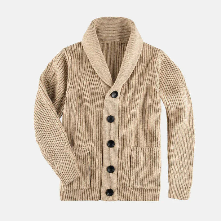 Stilvolle Herren Strickjacke mit Schalkragen und praktischen Taschen, ideal für modische Männer. Warm & bequem.