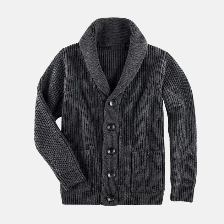 Herren Strickjacke mit Schalkragen, bequem und stilvoll, mit praktischer Knopfleiste und Seitentaschen.