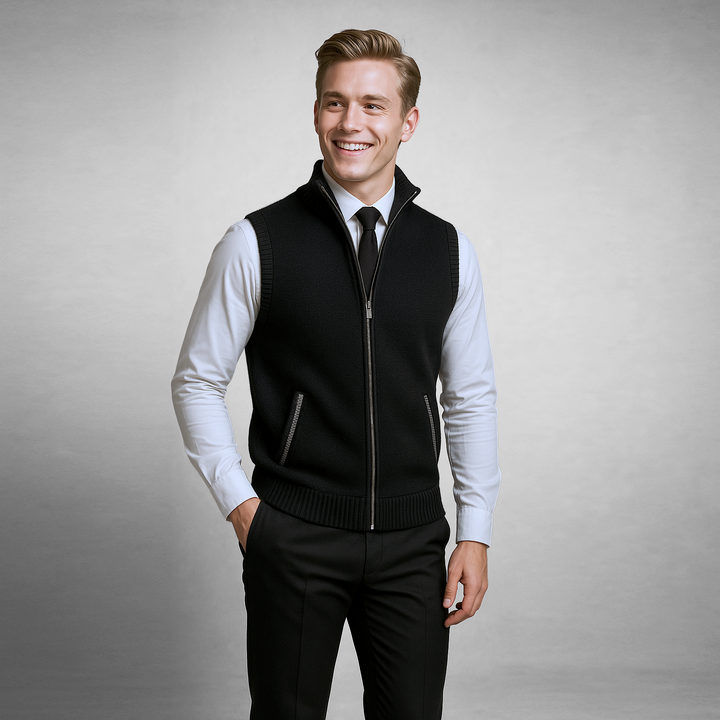 Komfortable Herren Strickweste mit Stehkragen und Reißverschluss. Weiche Strickqualität für einen smarten Layering-Look.
