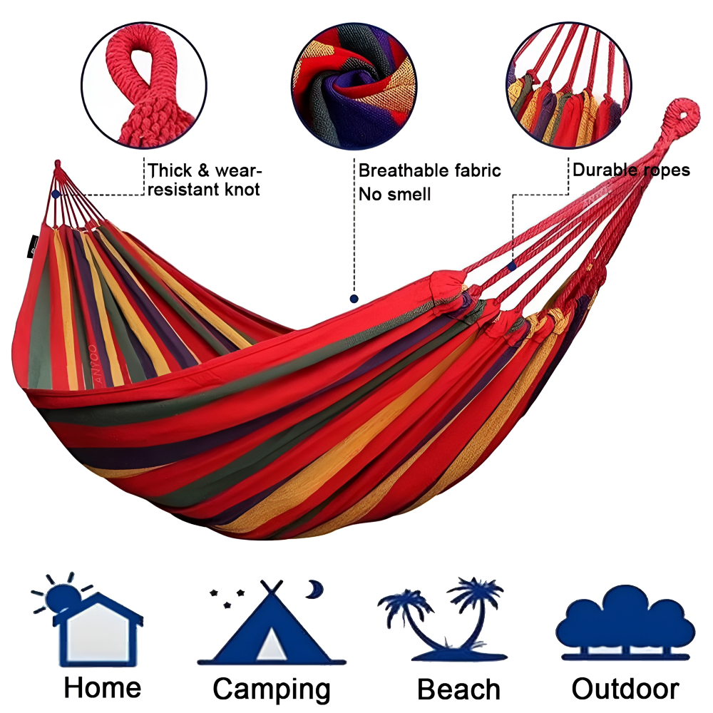 Leichte & robuste Baumwoll-Doppelhängematte perfekt für Camping-Abenteuer und entspannte Outdoor-Momente.