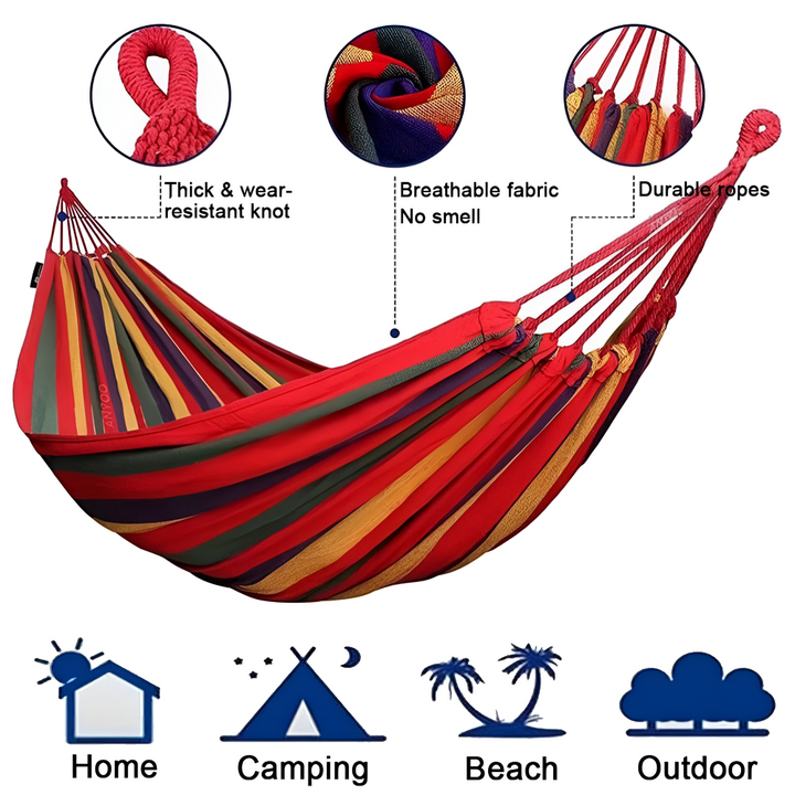 Leichte & robuste Baumwoll-Doppelhängematte perfekt für Camping-Abenteuer und entspannte Outdoor-Momente.