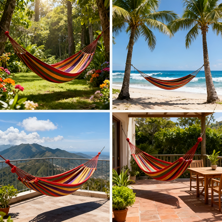 Detailaufnahme der hochwertigen Baumwolle einer strapazierfähigen Doppelhängematte; ideal für Outdoor.