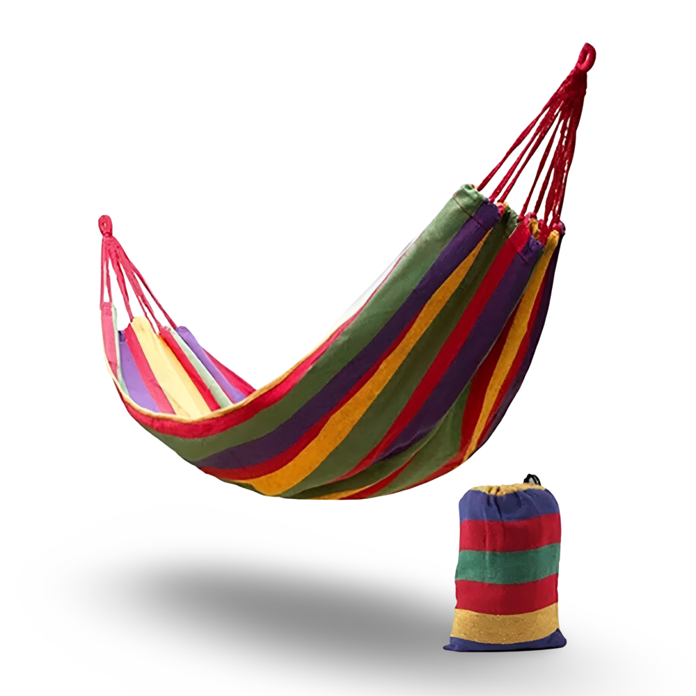 Kompakt gefaltete Outdoor Hängematte aus Baumwolle für einfachen Transport; ideal für Reise & Camping.