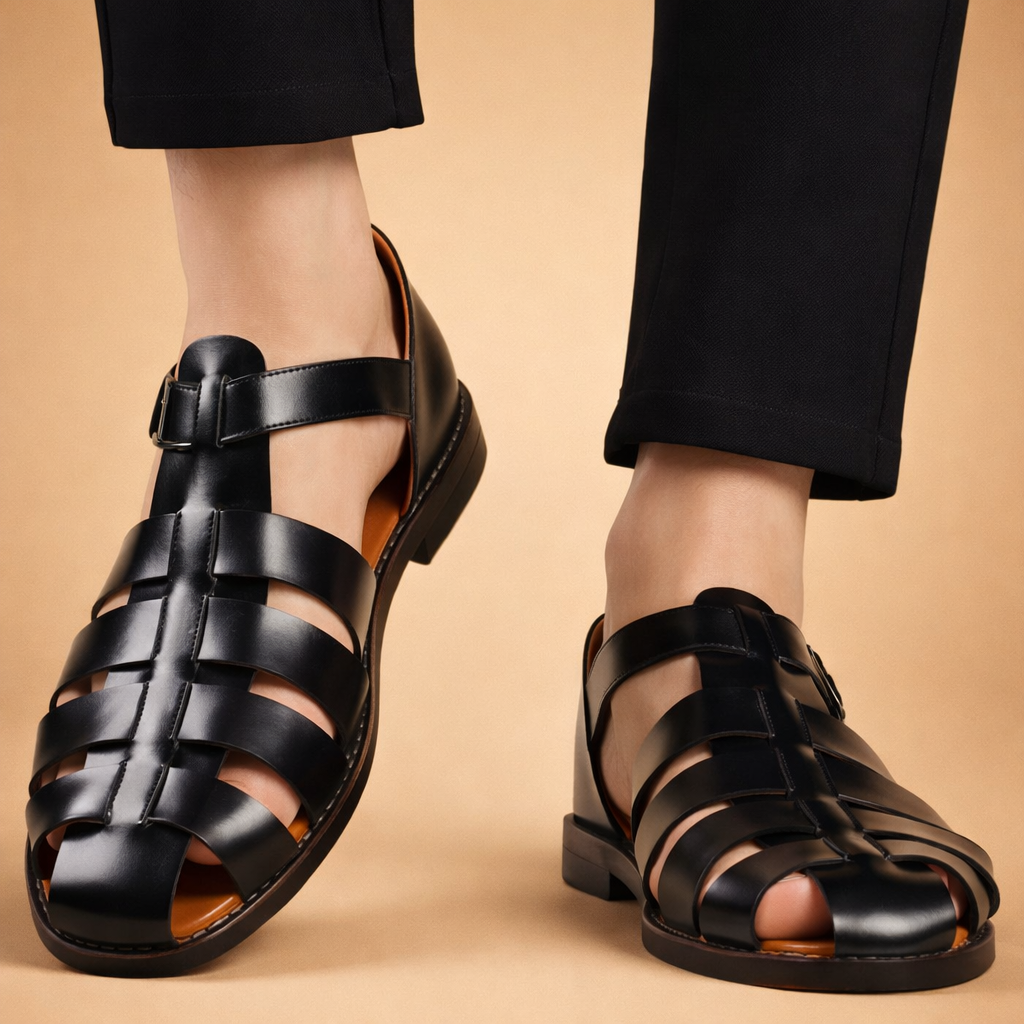 Detailansicht der atmungsaktiven Herren Sandalen. Flexible Sohle & langlebige Materialien für den Sommer.
