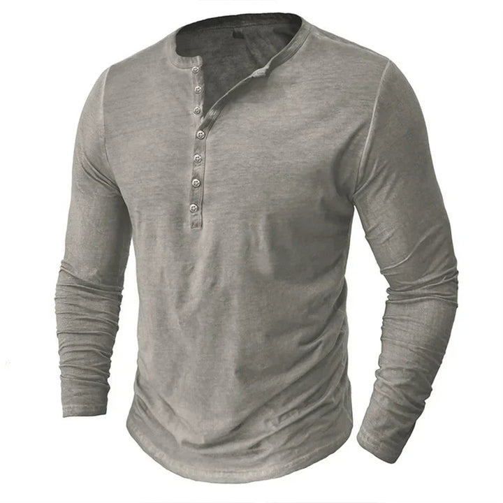 Dunkelgraues Herren Henley Sweatshirt mit Knopfleiste, stilvolles Langarmshirt für bequeme Casual Mode.