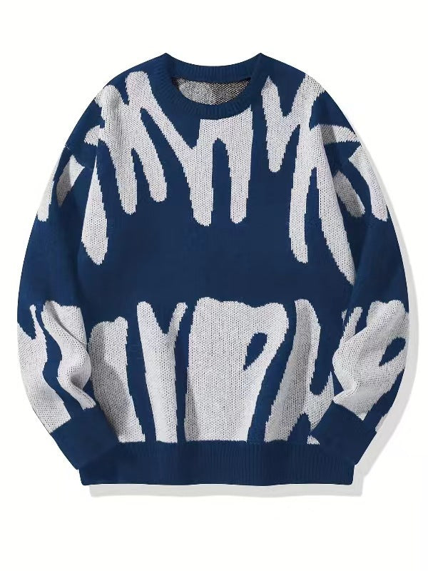 Stilvoller Mann trägt warmes, gemustertes Herren Rundhals-Sweatshirt. Komfortables Freizeit-Oberteil für Herbst & Winter.