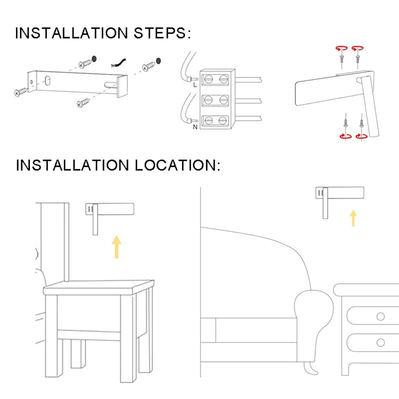 Detailaufnahme der drehbaren LED Leselampe an der Wand, modernes und flexibles Leselicht.