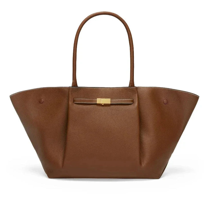 Edle Damen Schultertasche in Taupe mit Goldverschluss. Geräumiger Shopper, ideal als Businessbag & Alltagstasche.
