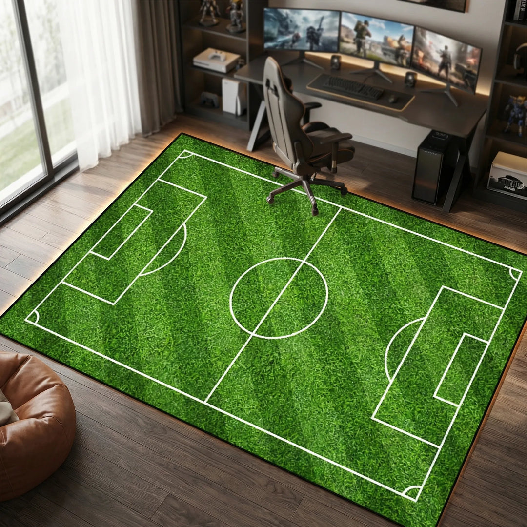 Fußball Teppich mit realistischem Fußballfeld-Design. Ideal als Sport Teppich für Kinder- oder Wohnzimmer.
