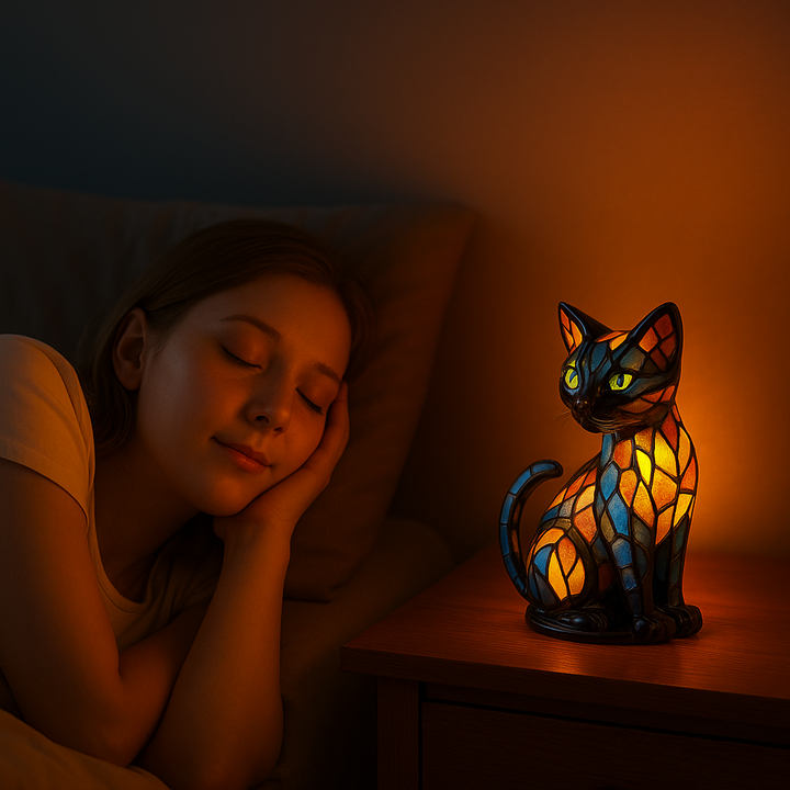 Detailaufnahme der handgefertigten Glas Katzenlampe mit sanftem Farbwechsel, als einzigartiges Wohnaccessoire.