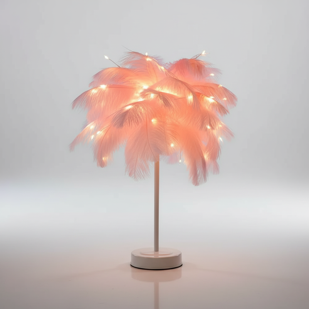 PalmGleam Feder Tischlampe mit edlem Roségold-Fuß. Schafft einladendes Ambiente mit sanfter, dekorativer Beleuchtung.