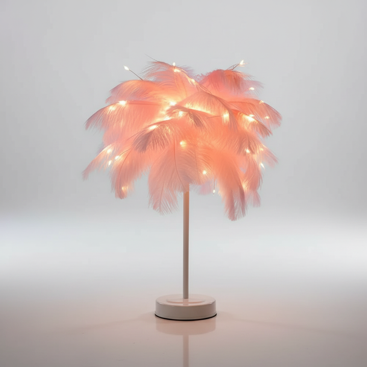 PalmGleam Feder Tischlampe mit edlem Roségold-Fuß. Schafft einladendes Ambiente mit sanfter, dekorativer Beleuchtung.