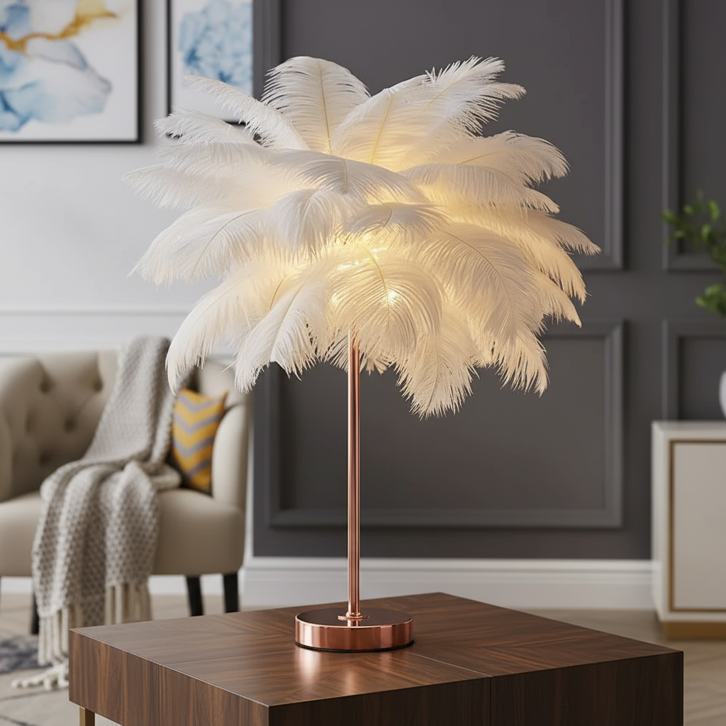 Feder Tischlampe PalmGleam mit luxuriösem Roségold Fuß, schafft sanftes, gemütliches Ambiente. Perfekt für Schlafzimmer.