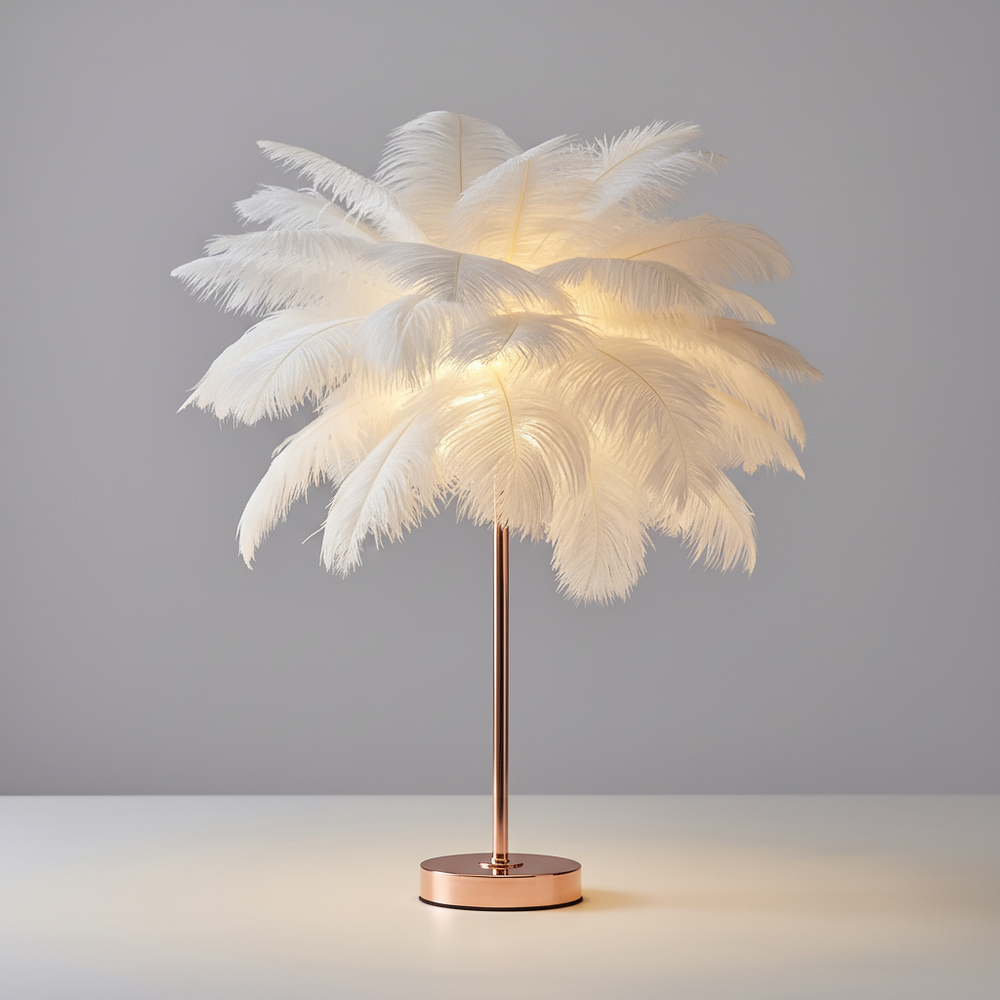 Dekorative Federlampe mit elegantem Roségold Metallfuß und weichem LED-Licht. Ideal für stimmungsvolle Wohnzimmer.
