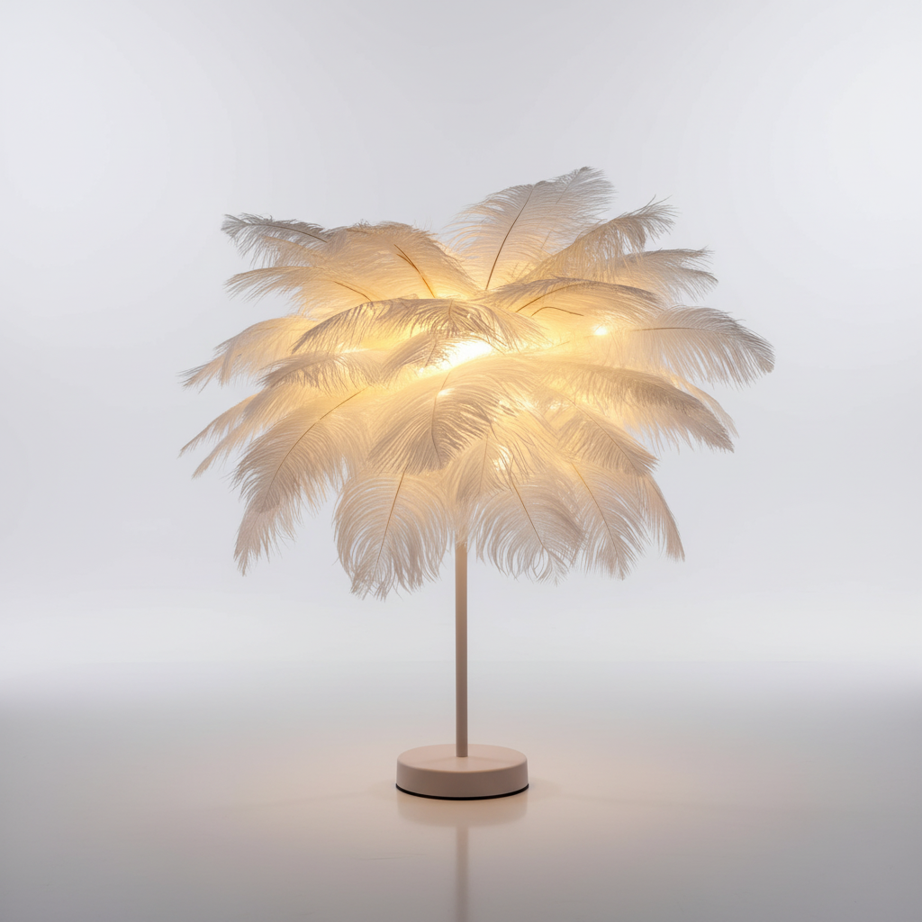 Gemütliche LED Feder-Tischlampe mit Roségold-Basis für warmes, diffuses Licht. Ideal als Stimmungslampe.