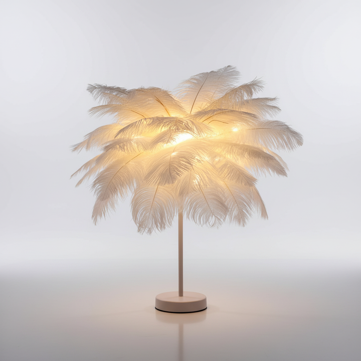 Gemütliche LED Feder-Tischlampe mit Roségold-Basis für warmes, diffuses Licht. Ideal als Stimmungslampe.