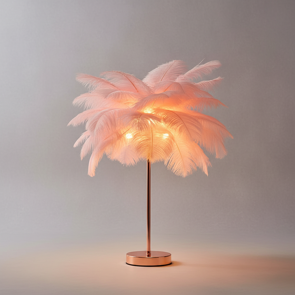 Einzigartige Federlampe: Weißer Federschirm kontrastiert mit glänzendem Roségold-Fuß. Stilvolle Tischbeleuchtung.