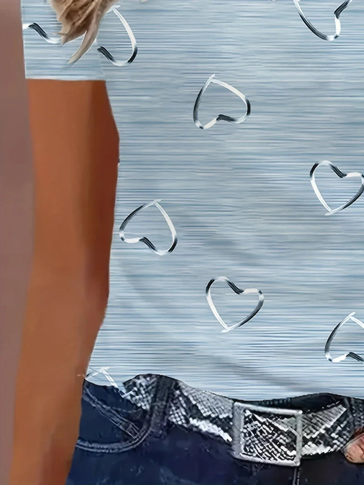 Elegantes Damen Kurzarm Top mit Herzmuster, V-Ausschnitt, ideal für den Sommer.