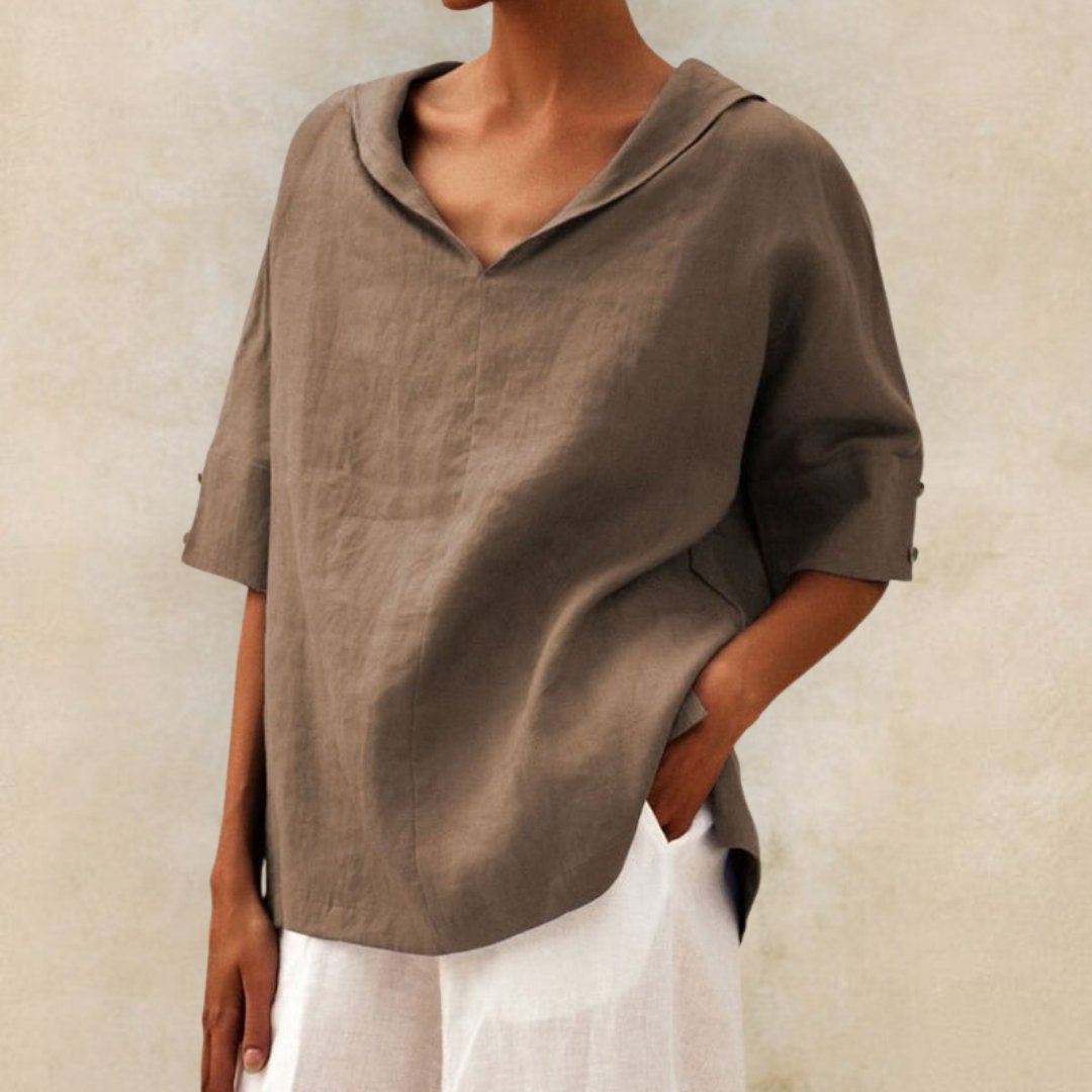 Vielseitiges Damen Blusen-Top: Lässig & Elegant. Mit Umlegekragen, V-Ausschnitt und weitem Schnitt.