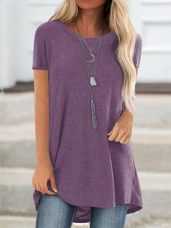 Lässiges Damen Longshirt Basic Top für den Sommer, mit Kurzarm und Rundhals.
