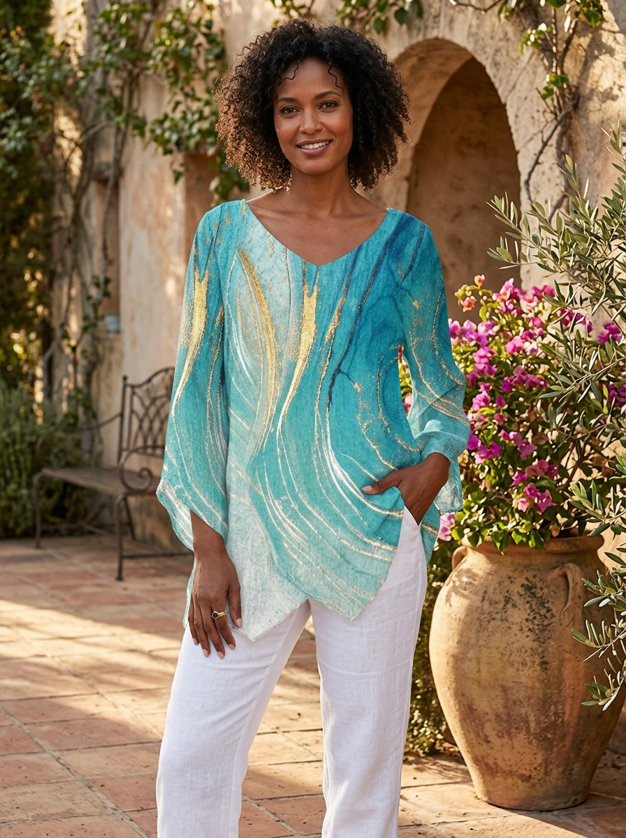 Elegantes Damen Sommer Top mit V-Ausschnitt und weiten Fledermausärmeln; lockerer, fließender Schnitt.