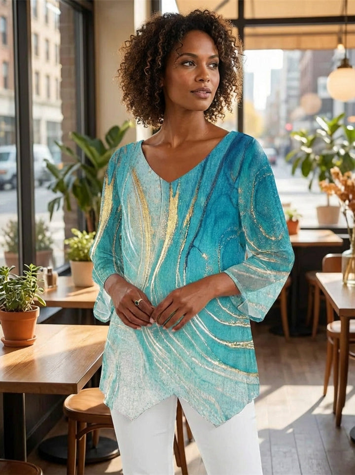 Einzigartiges Damen Top mit edlem Marmor-Print und asymmetrischem Saum; V-Ausschnitt & Fledermausärmel für Eleganz.