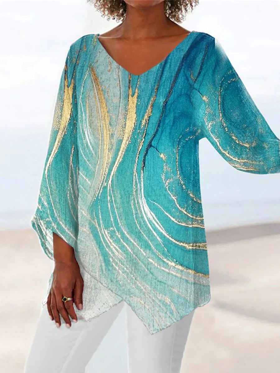 Damen Top mit einzigartigem Marmor-Print und modischem asymmetrischem Saum; ideal für elegante Sommer-Freizeitlooks.
