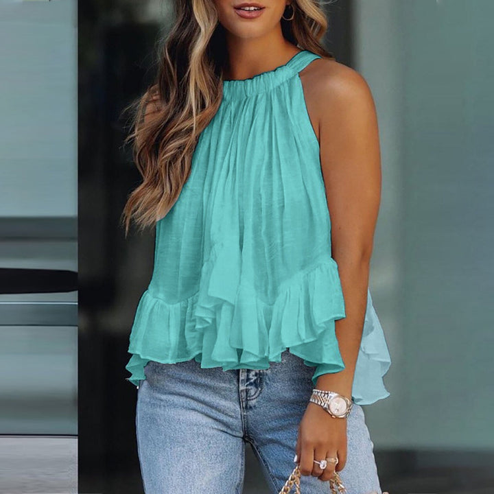 Ärmelloses, leichtes Damen Sommer Top mit Neckholder und Rüschen. Ideal für einen entspannten Casual Chic Look.