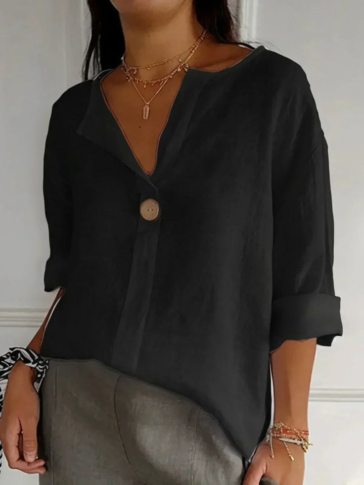 Vielseitiges Damen Blusen-Top mit V-Ausschnitt & lockerem Schnitt; perfekt für Casual Chic.