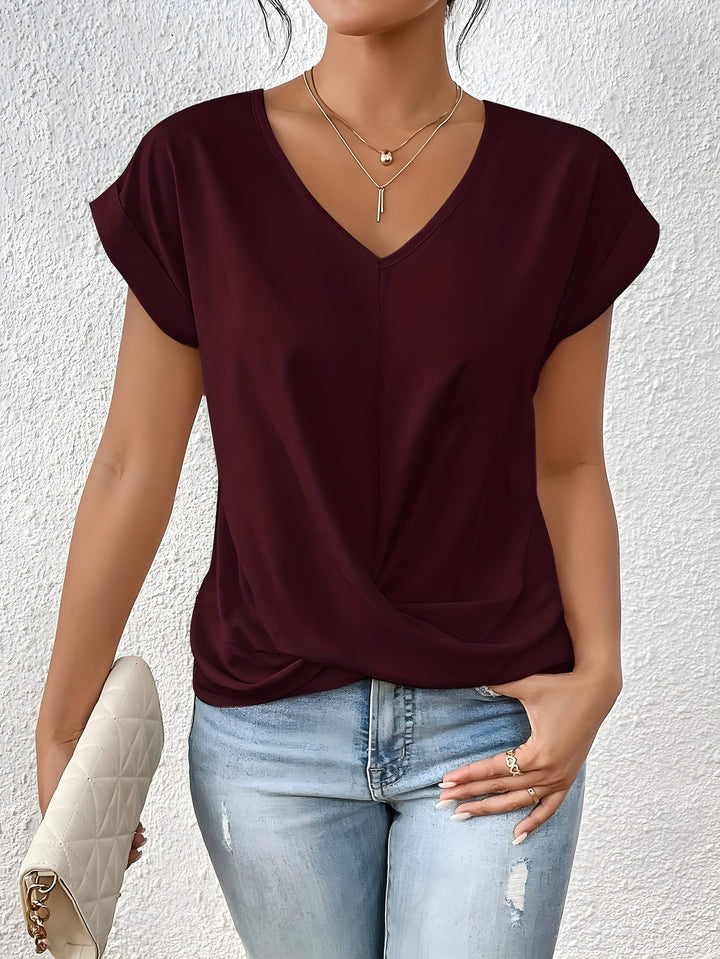 Modernes Damen Sommer Top mit V-Ausschnitt und Twist-Front, kurzarm, perfekt für lässige Eleganz.