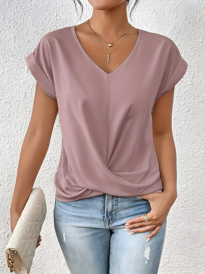 Elegantes Damen V-Ausschnitt Top mit Twist-Front, kurzarm & figurschmeichelnd für Alltag & Sommer.