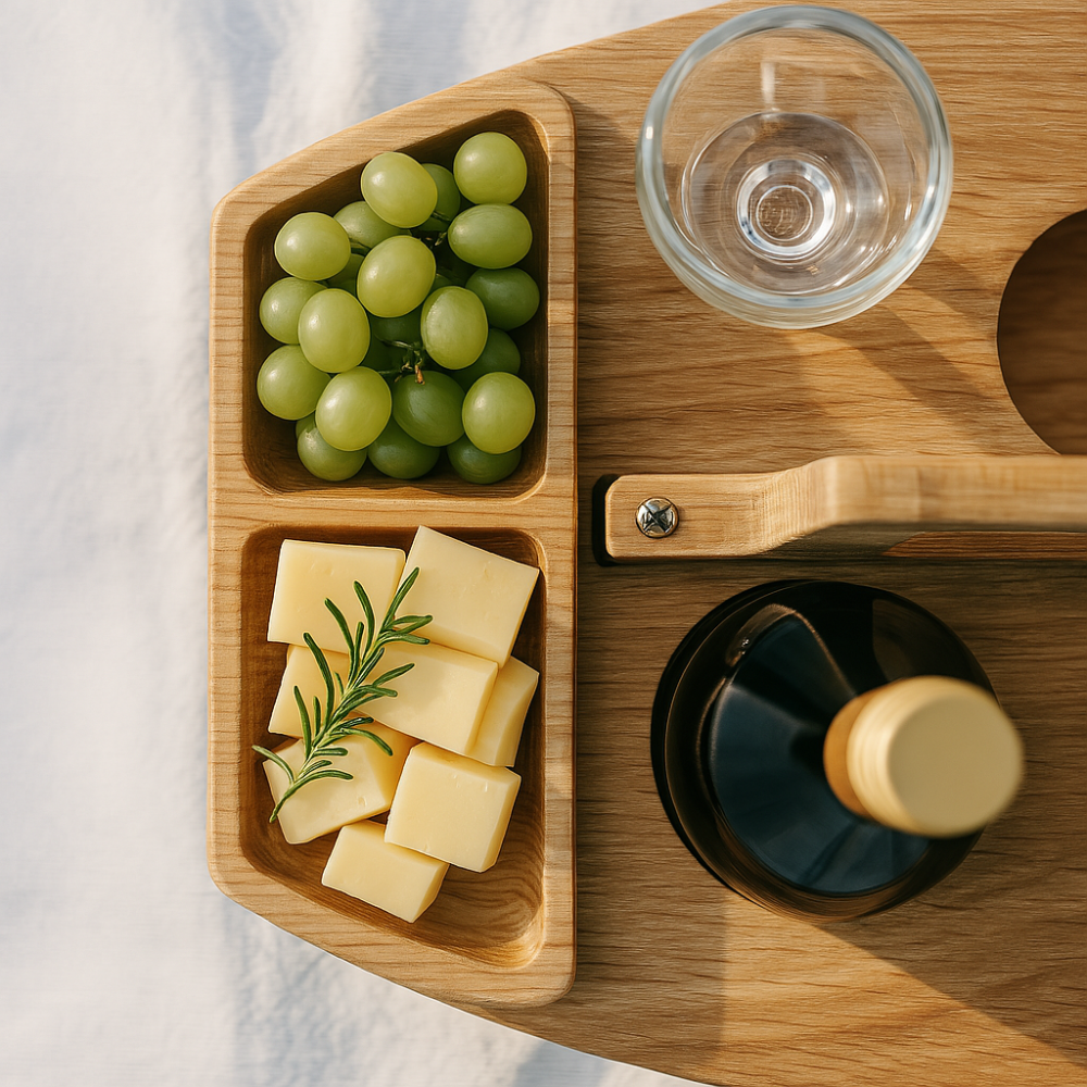 Stilvoller Klapp-Weintisch für gemütliche Picknicks; hält Wein, Gläser & Snacks sicher; ideal für Garten.
