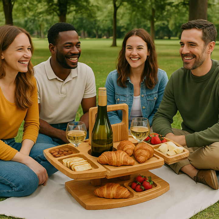 Runder, tragbarer Picknicktisch aus Holz, klappbar, für Wein, Snacks & Outdoor-Geselligkeit.