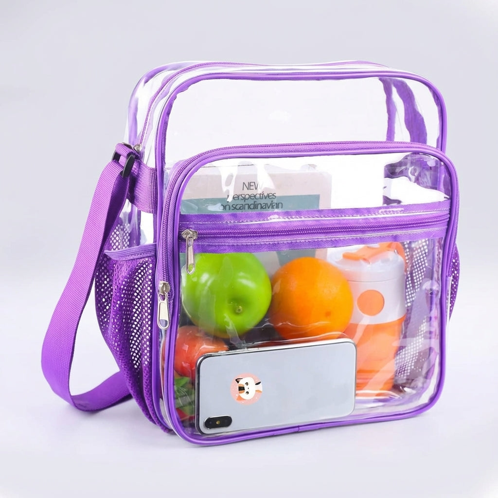 Kompakte transparente PVC Crossbody-Tasche, durchsichtig und praktisch für Konzerte und Festivals.