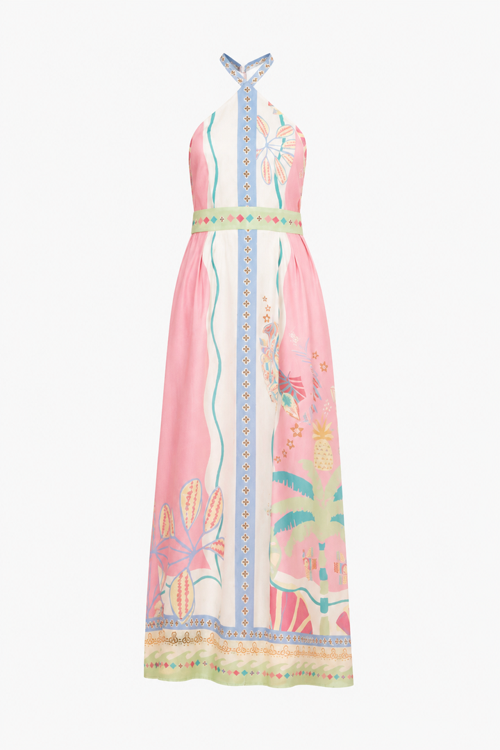 Damen Maxikleid Pastellrosa mit tropischem Muster und Neckholder. Stilvolles Sommerkleid für Strand und Festlichkeiten.