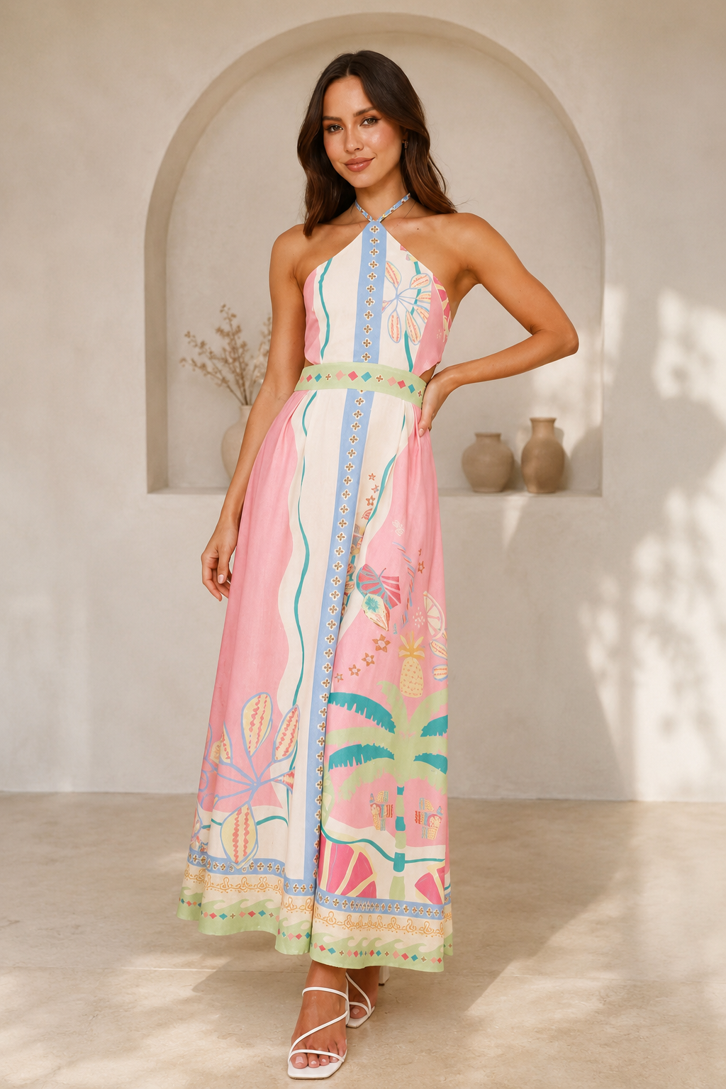 Leichtes Damen Maxikleid in Rosa Pastell mit tropischem Print und Neckholder-Design. Perfektes Resort-Kleid.