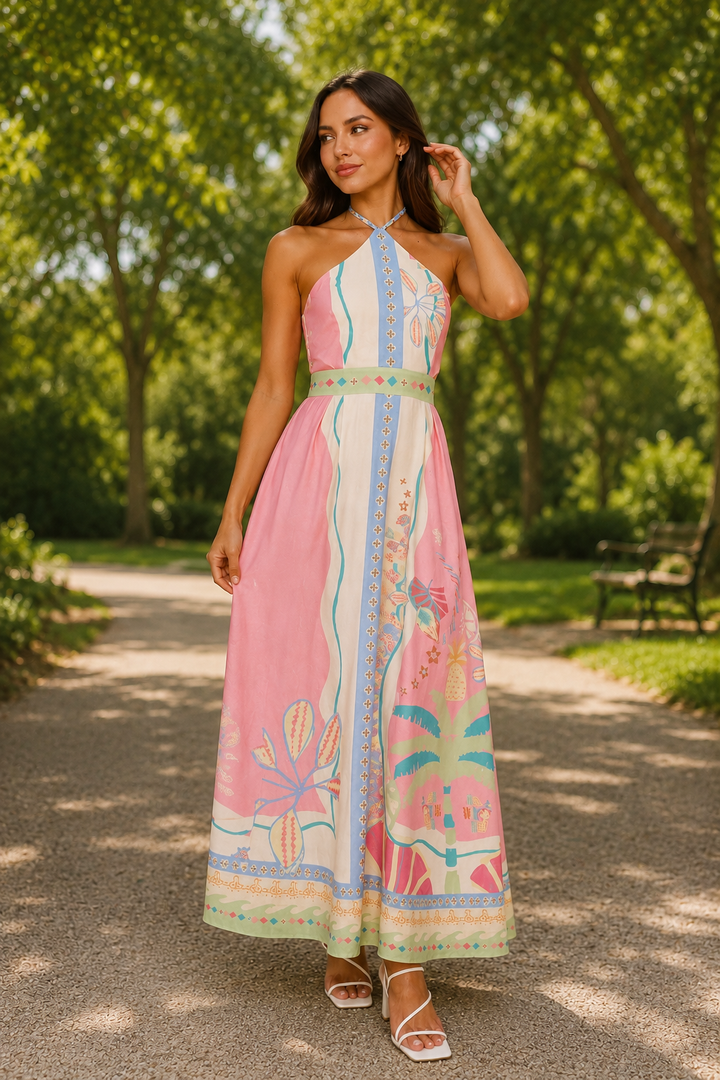 Elegantes tropisches Neckholder Maxikleid in Pastellrosa für Damen. Ideal als Sommer-, Strand- oder Urlaubskleid.