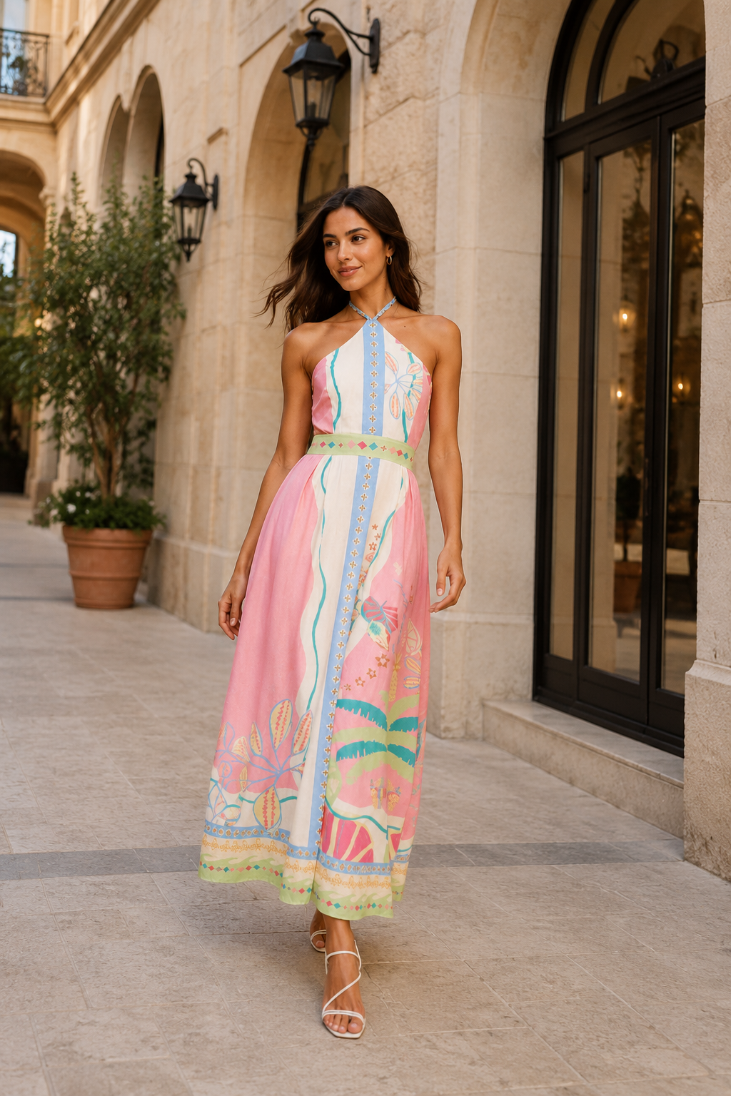 Rosa Pastell Damen Maxikleid mit tropischem Muster und elegantem Neckholder. Perfekt für Sommer & Urlaub.