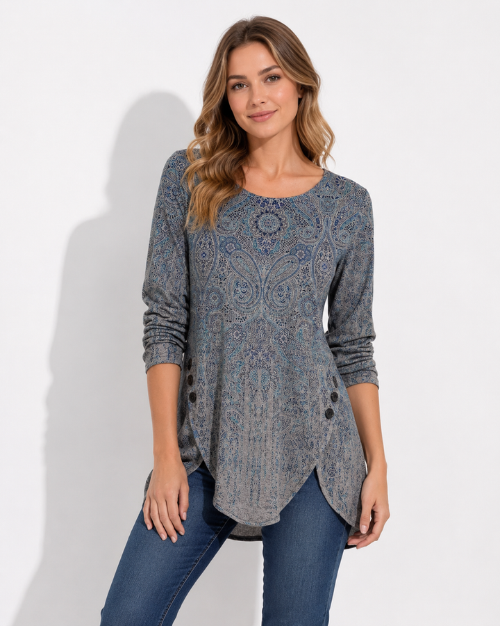 Stilvolle blaue Damen Tunika Langarmbluse im Ombre Look, perfekt für bequeme Freizeit- und Alltagsmode.