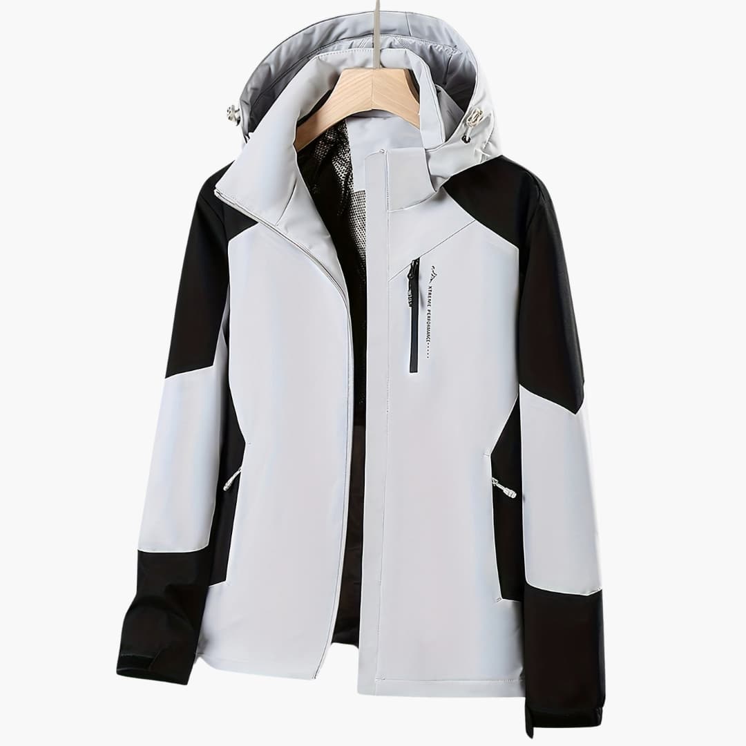 Moderne Damen Übergangsjacke mit Kapuze, Farbblock-Design. Casual und sportlich für Frühling, Herbst und Freizeit.