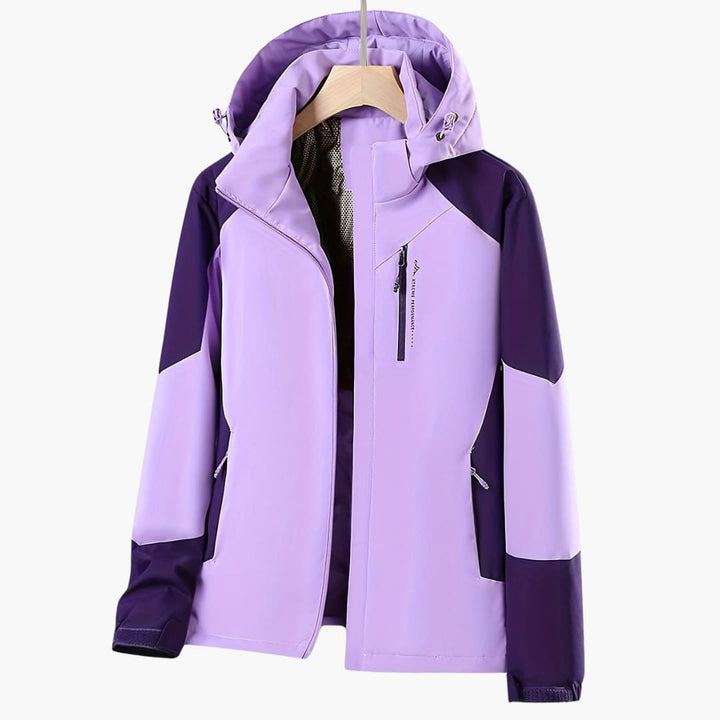 Damen Übergangsjacke mit Kapuze, winddicht, sportlich-casual im Farbblock-Design, perfekt für Frühling/Herbst.